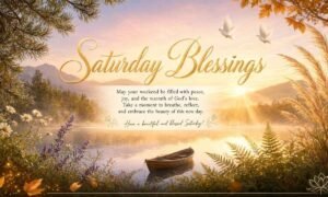 Beautiful Saturday blessings image with a golden sunrise over a peaceful lake, mountains, flying doves, and a boat, with an inspirational weekend blessing message.