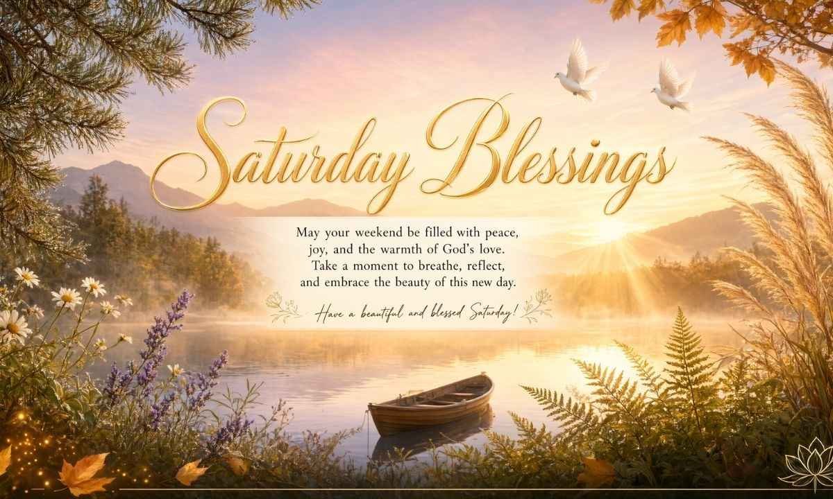 Beautiful Saturday blessings image with a golden sunrise over a peaceful lake, mountains, flying doves, and a boat, with an inspirational weekend blessing message.